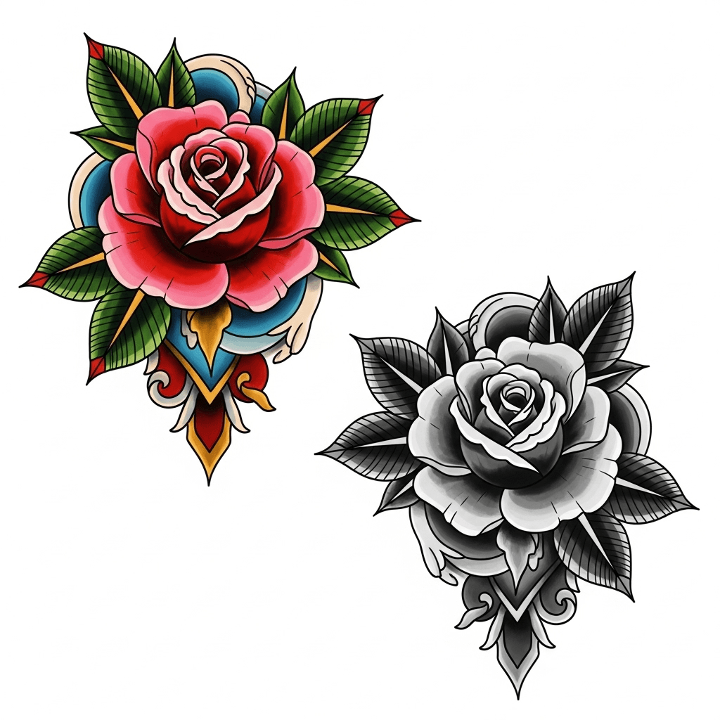 Neo-traditional Rose tattoo design